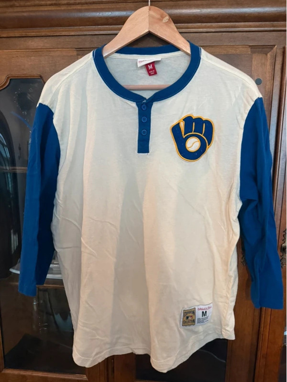 Mitchell & Ness Cooperstown Milwaukee Brewers Shirt Cream Blue - Size Medium